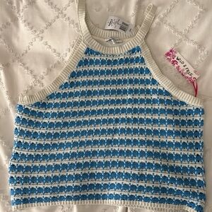 Blue and White Knit Crochet Crop Top